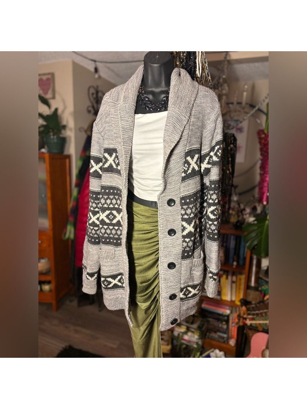 Vintage Sansara Nordic Fair Isle Cardigan Sweater XL Cozy Winter Cabin Unisex - Picture 4 of 17